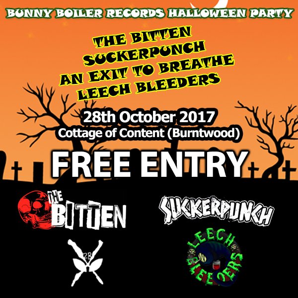 BunnyBRecords's tweet photo. TONIGHT!
Bunny Boiler Records Halloween Party.
The Bitten, @suckerpunch_77 , Leech Bleeders, @AnExitToBreathe https://t.co/WDKOFghpa7