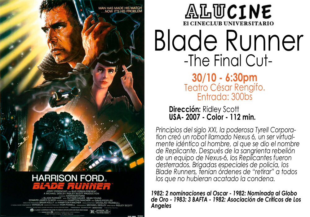Lunes clásico 30/10-6:30pm, Blade Runner -The Final Cut-