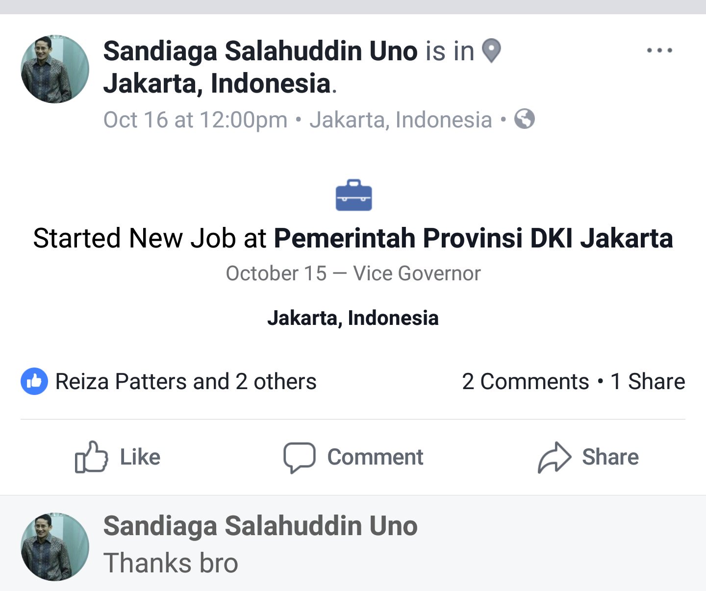 Status Facebook Sandiaga Uno