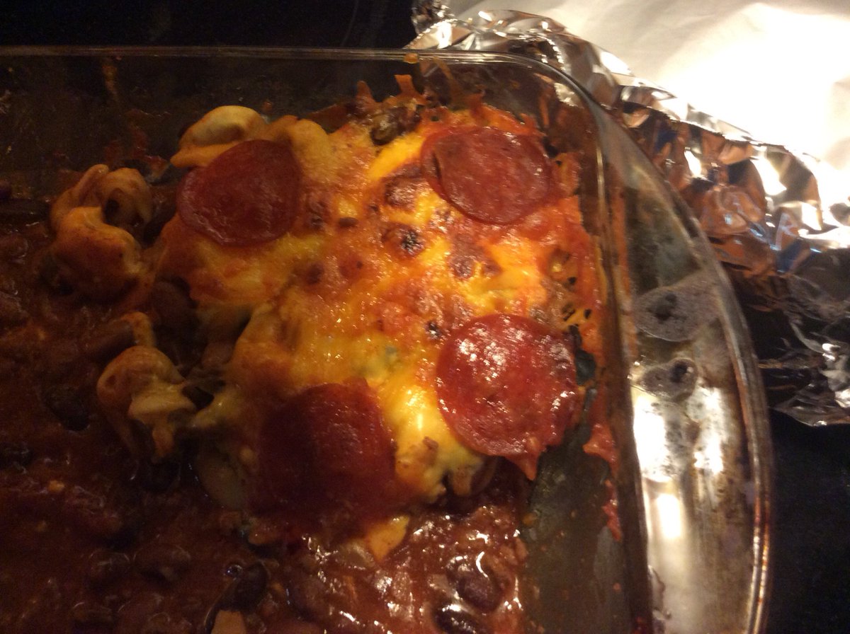 Left over deer chilli, add stuff tortellini, add cheese on top and pepperoni and bake in oven, my family loves this recipe!
