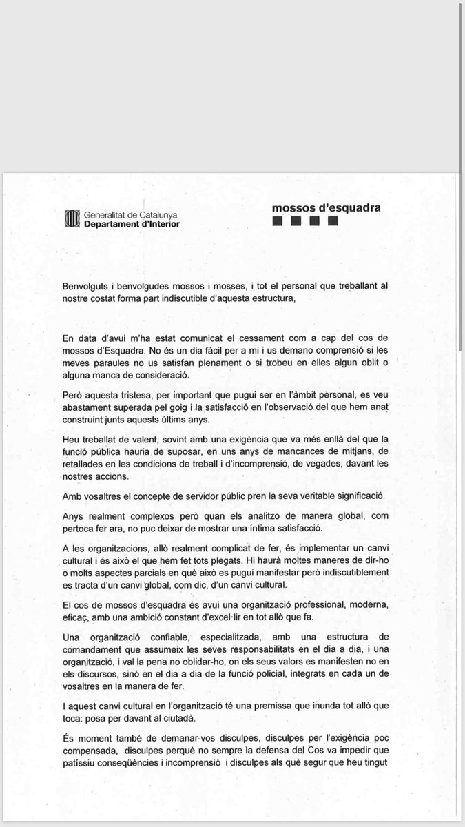 maykanavarro's tweet photo. Esta es la carta de despedida de Josep Lluís Trapero a los @mossos La ha redactado esta misma mañana en Egara. Más web @LaVanguardia https://t.co/jUklzFoFrE