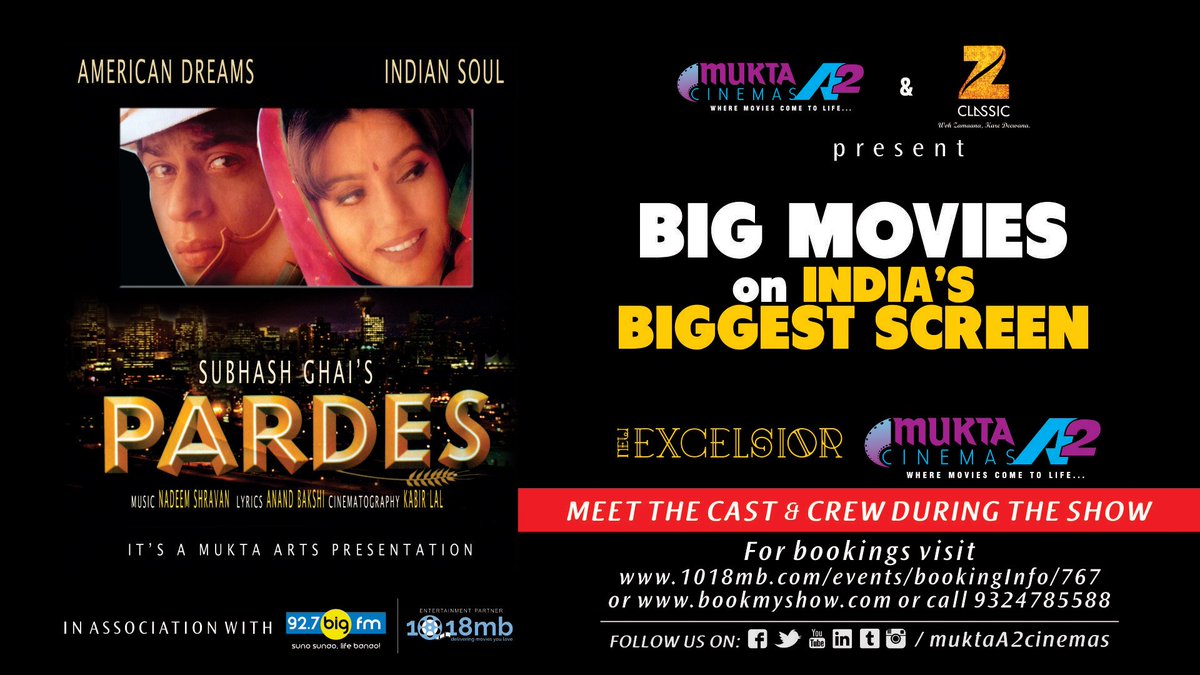 1018mb's tweet photo. Meet cast & crew #Pardes in @MuktaA2Cinemas
New Excelsior | 5 November 3.00PM @SubhashGhai1 @rahulpuri @imhttp://www.1018mb.com/event/767 https://t.co/F3UWb8N6vs
