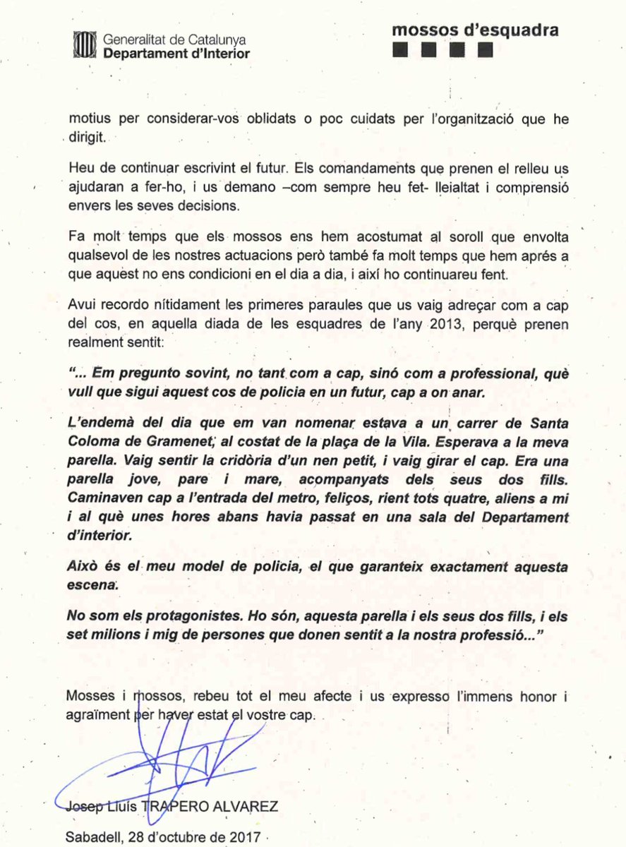 QuicoSalles's tweet photo. La carta del Major Trapero amb què acata el cessament ordenat per Espanya https://t.co/DRcwUfKmvS https://t.co/56vMdFuUpy