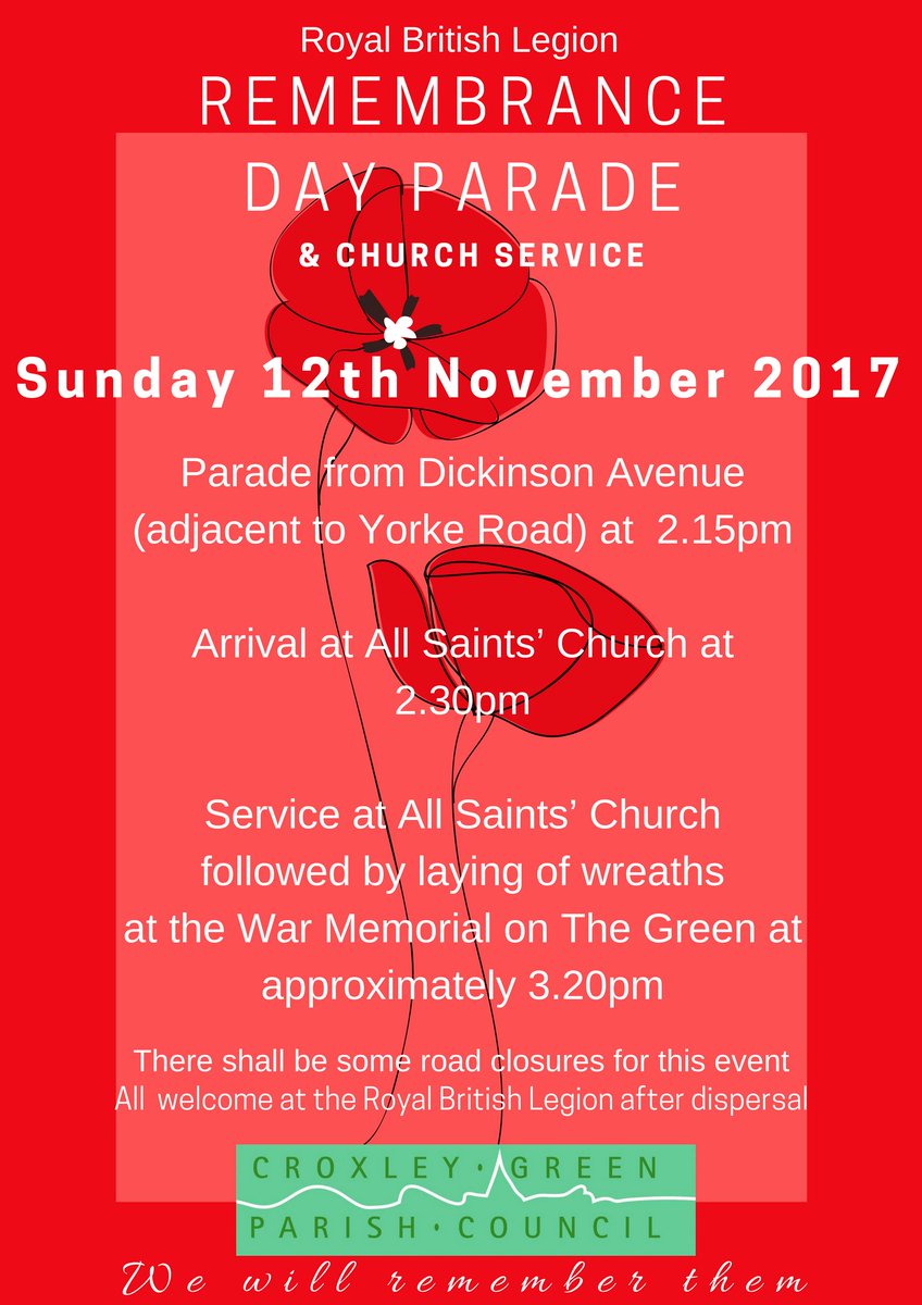 The 2017 Remembrance Day parade &amp; church service will take place on Sunday November 12th.