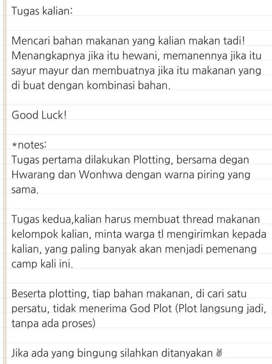 HwarangEvent's tweet photo. @HwarangHouse Silahkan dibaca dengan seksama tugas kalian, pertanyaan akan saya tampung, 10 menit dari sekarang silahkan bertanya 

[#HWCAMPI] https://t.co/Yc175vrh65