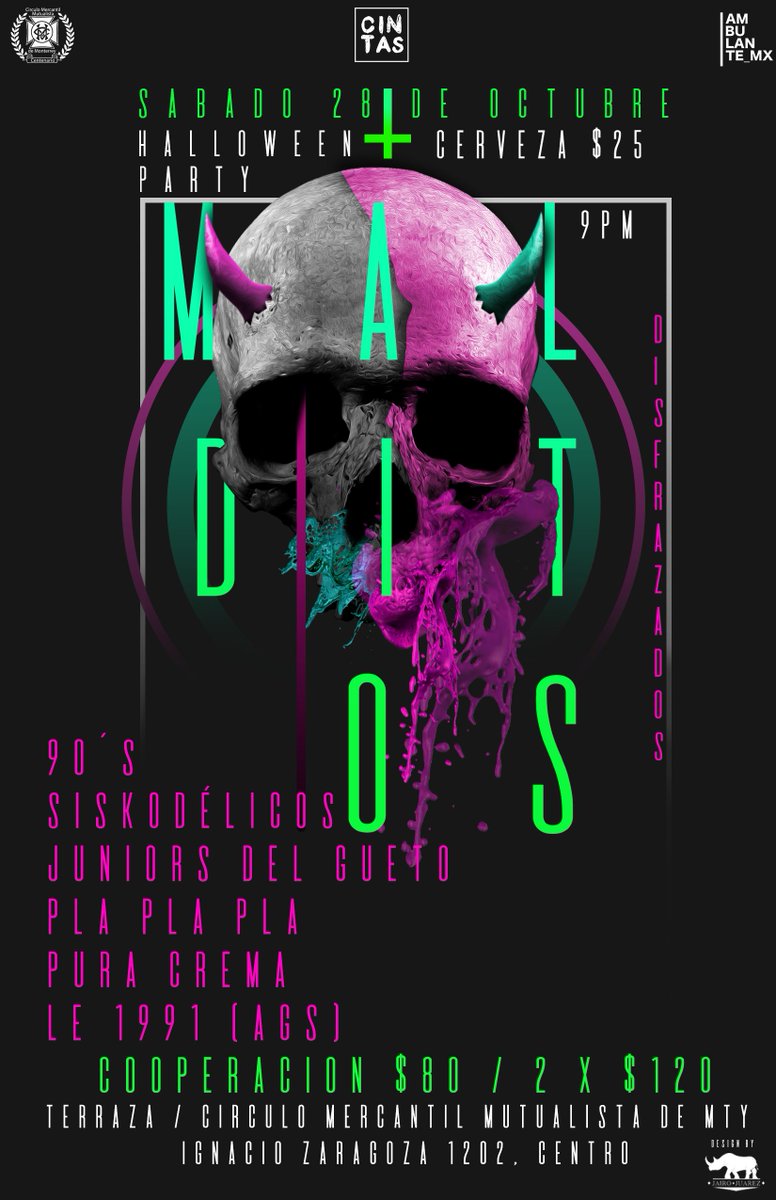 Hoy tenemos fiesta de Halloween en Monterrey!
<a href="/siskodelicos/">Siskodélicos</a> <a href="/juniorsdelgueto/">Juniors del Gueto</a> pla pla pla, pura crema, 90s y le 1991!
