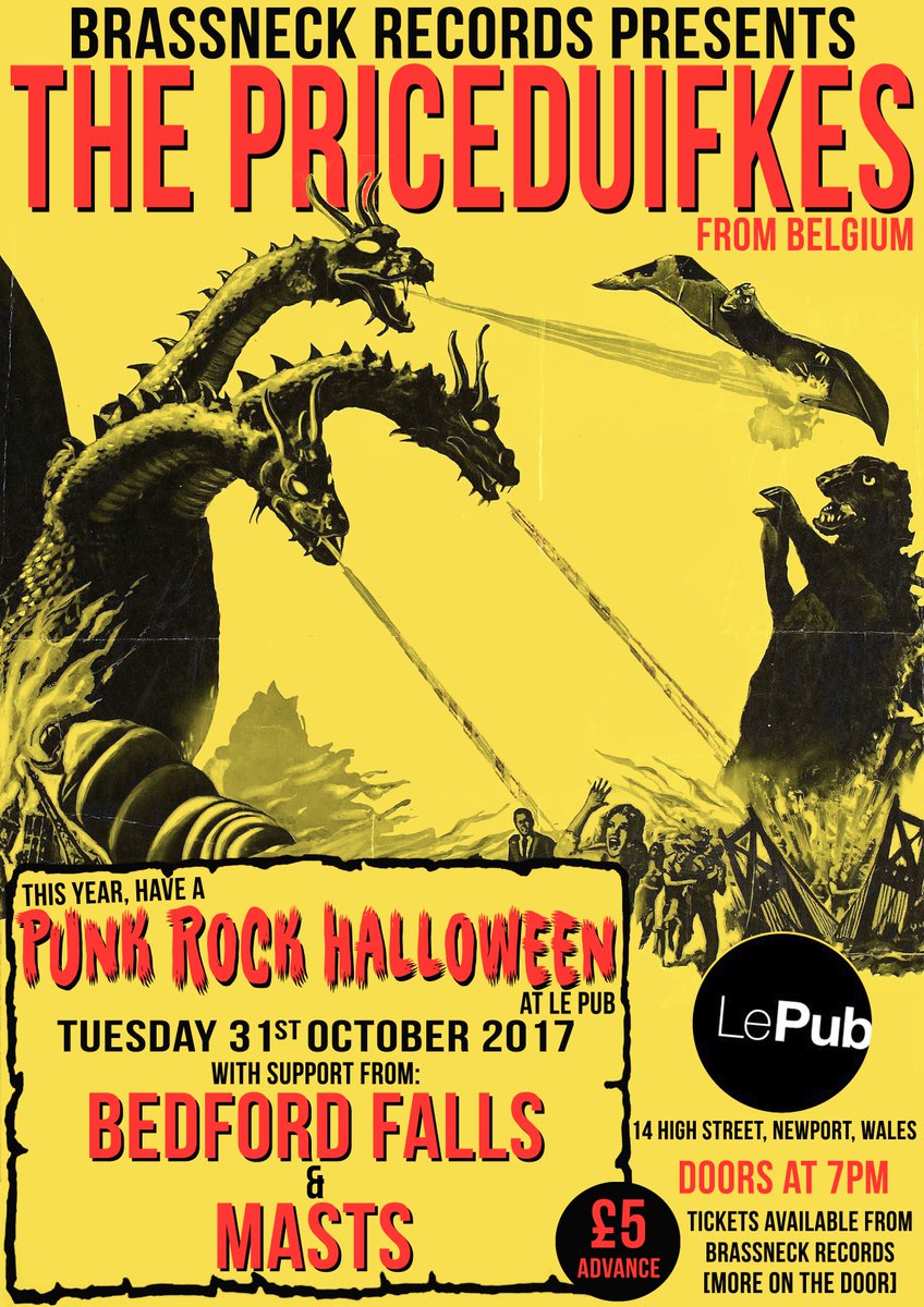 <a href="/THEPRICEDUIFKES/">THE PRICEDUIFKES</a> are in Newport at <a href="/Lepub/">Pepe Le Pub</a> w/ @Bedford_Falls &amp; <a href="/Mastsband/">Masts</a> on Halloween. Come along and say hi! brassneckrecords.bigcartel.com/category/ticke…