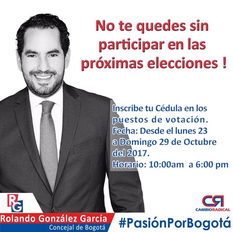 RolandoGonGa's tweet photo. Buen día para tod@s. Les recordamos a nuestra familia #PasiónPorBogotá, q hasta mañana Domingo están abiertas las inscripciones de cédulas https://t.co/rYRwpAwx9k