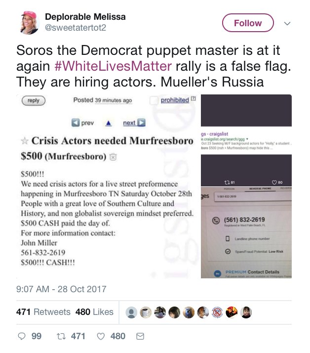 RVAwonk's tweet photo. Posts about crisis actors at the #WhiteLivesMatter rally are a hoax. This happens routinely. Intent = chaos, confusion, heightened emotions. https://t.co/9j4b4QoAoa
