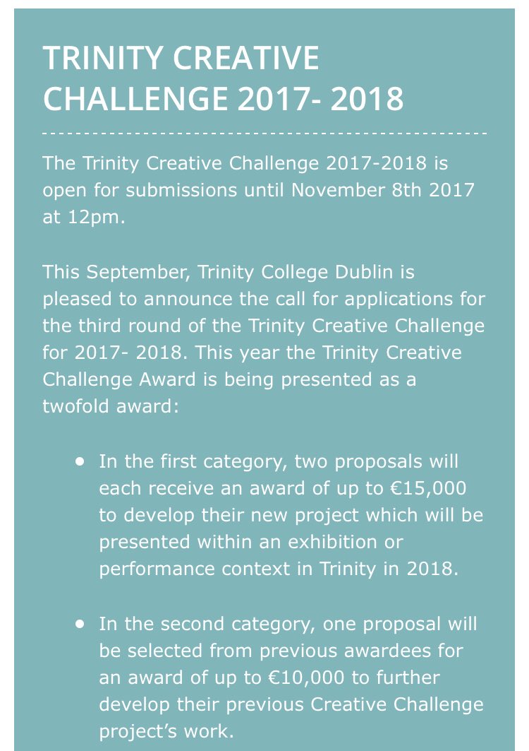 TCDcreates's tweet image. Reminder: Deadline fast approaching! Have you a creative proposal for the #TrinityCreativeChallenge ? Details here: tcd.ie/trinity-creati…