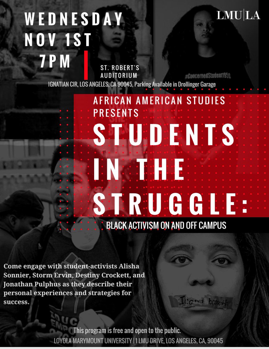 ProfSBradley's tweet photo. Very excited for this next week at @LoyolaMarymount! #blackjusticeleague #ConcernedStudent1950 #OccupySlu #blackstudentpower #LMU_AFAM #LMU https://t.co/tMPQeobJcS