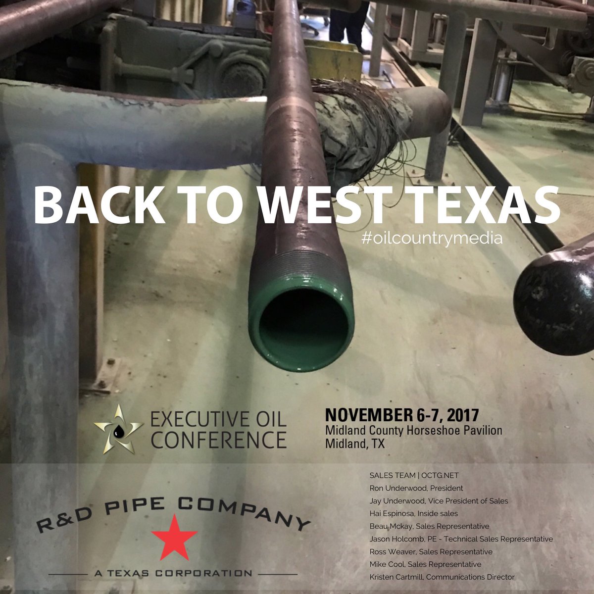 OCTG_Network's tweet photo. Nov. 6-7 @HartEnergyConf
#ExecutiveOilConference.
#octg #octgpro #oilcountrymedia #EOC SEE YOU THERE
R&D Pipe Company @octgpro https://t.co/yCrpaO1ER2