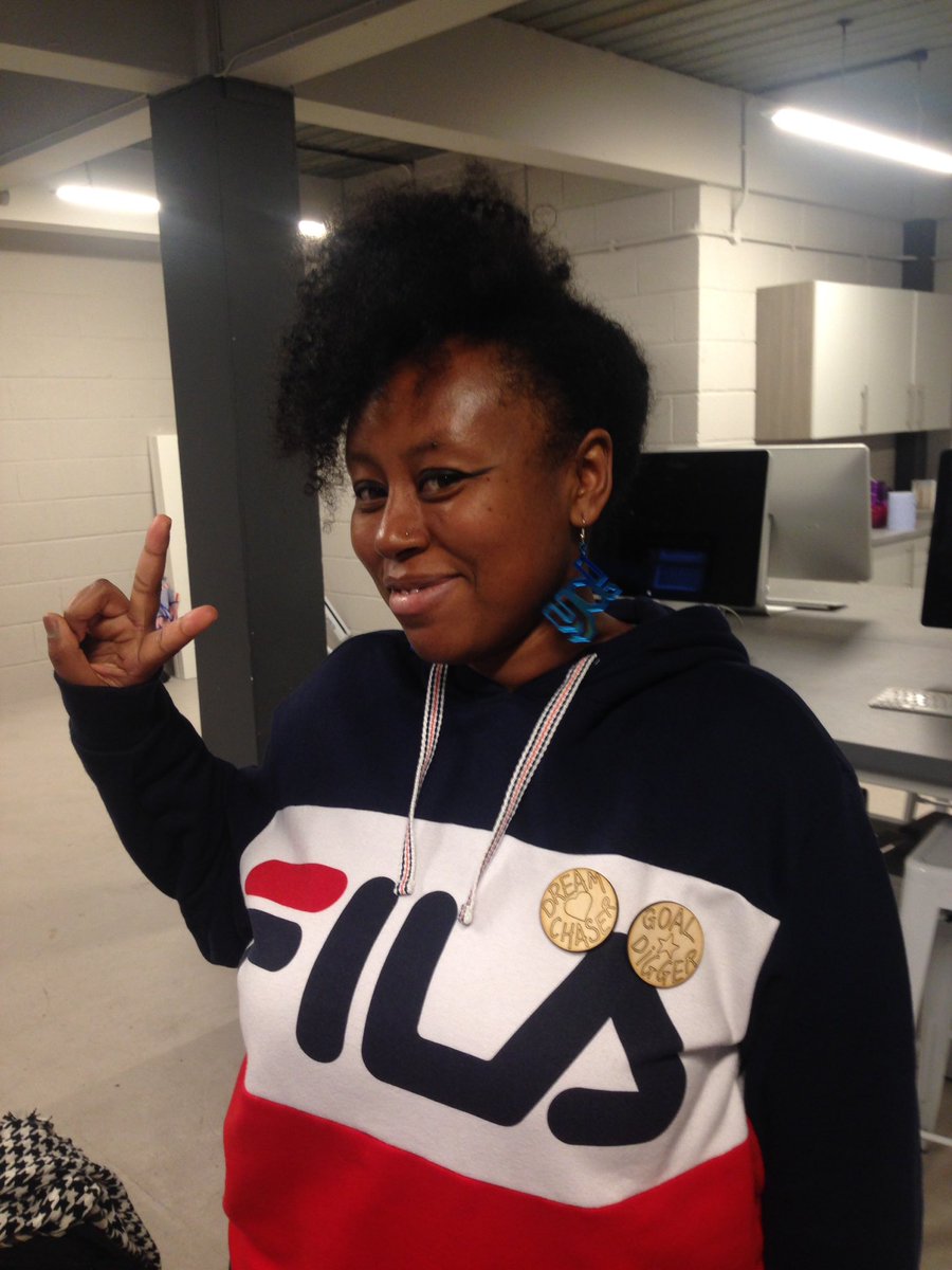 wonderhaus_UK's tweet photo. Nadina being all kinds of SWAG at today's @madlabuk event for @craftscouncil #makeshiftdo wearing her laser cut brooches. https://t.co/aB5yGwFvVV
