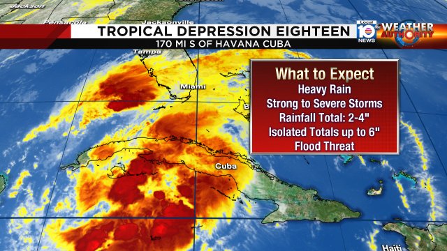 T.D. 18 is south of W. Cuba now but heavy #rain has spread into #SouthFlorida #TD18 #flwx #tropics https://t.co/A8Xmf3guGM