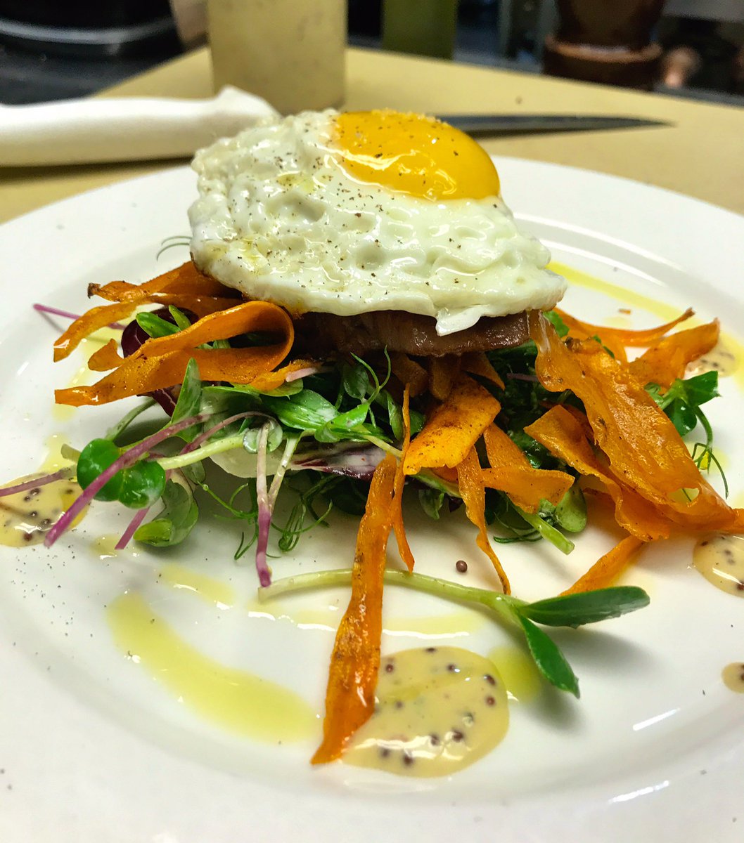 Lardo Di Tonno - House cured tuna bacon with a salad of fall greens, crispy sweet potato, a sunny side up farm egg, and mustard vinaigrette