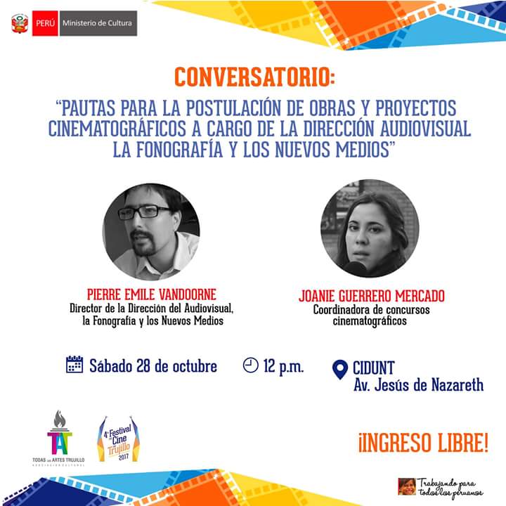 cineaparte's tweet photo. Hoy 12m Foro 'Pautas para la postulación de Obras y Proyectos Cinematográficos por @DAFO_peru ' en @FesticineTru en @CiduntTrujillo #FCT17 https://t.co/WCg4gqySJi