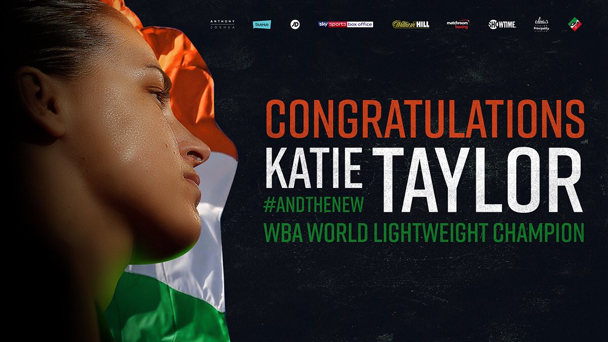 MatchroomBoxing's tweet photo. #AndTheNew 👑 🙌

@KatieTaylor beats Sanchez on points to win her first World Title! #SanchezTaylor #JoshuaTakam https://t.co/yoqBaWQSPd
