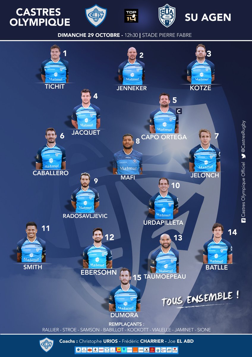 CastresRugby's tweet photo. Et voici la composition du CO pour la réception d'@agen_rugby demain! Allez CO ! 🔵⚪️ #COSUA https://t.co/mOWHjWGxyW