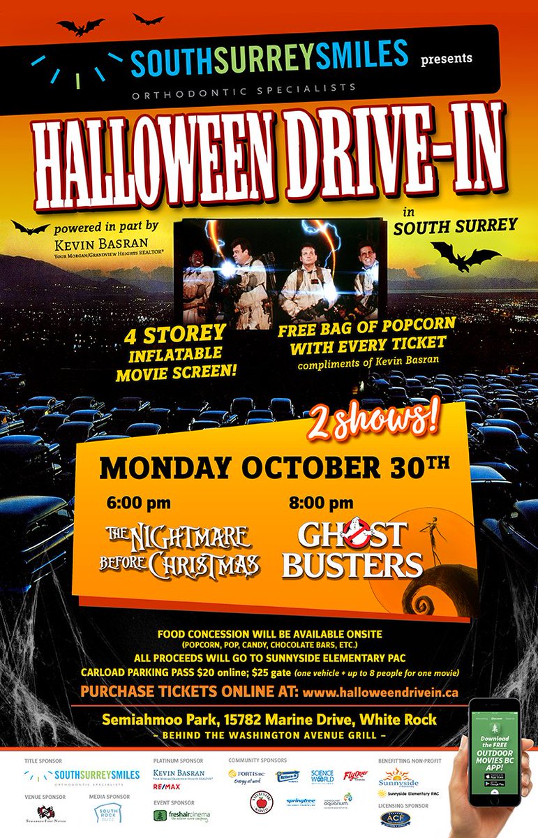 OutdoormoviesBC's tweet photo. MON! @DrWilliamsSSS @KevinBasran host #HalloweenDriveIn movie night #NightmareBeforeXmas at Semiahmoo Park 6pm 10/30 https://t.co/7jJEVlgkz8 https://t.co/3MaDZy1Crm