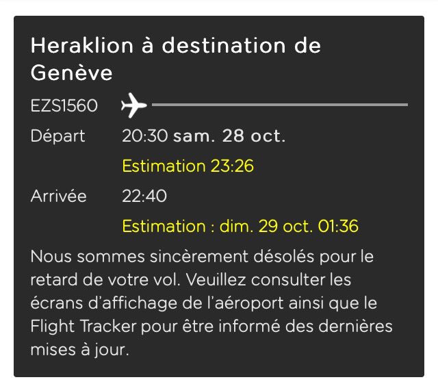 AnickT's tweet photo. @easyJet J'ai déjà le lien, voilà ce qui s'affiche, mais je m'inquiète car je sais que @GeneveAeroport n'autorise pas les atterrissages après 0h30??? https://t.co/BnmSGJfe58