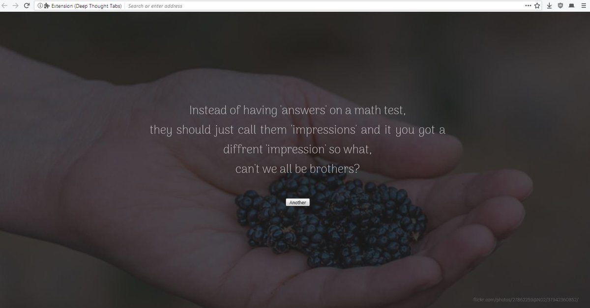 cvs26's tweet image. Writing awesome #WebExtensions for #Firefox is so easy! 😍

Checkout the ⚡️Deep Thought Tabs addon⚡️
github.com/TheCodeArtist/…

- Profound/Funny Thoughts with each tab. 
- Plain #JavaScript. No BS.
- #Flickr public-feed integration for images.