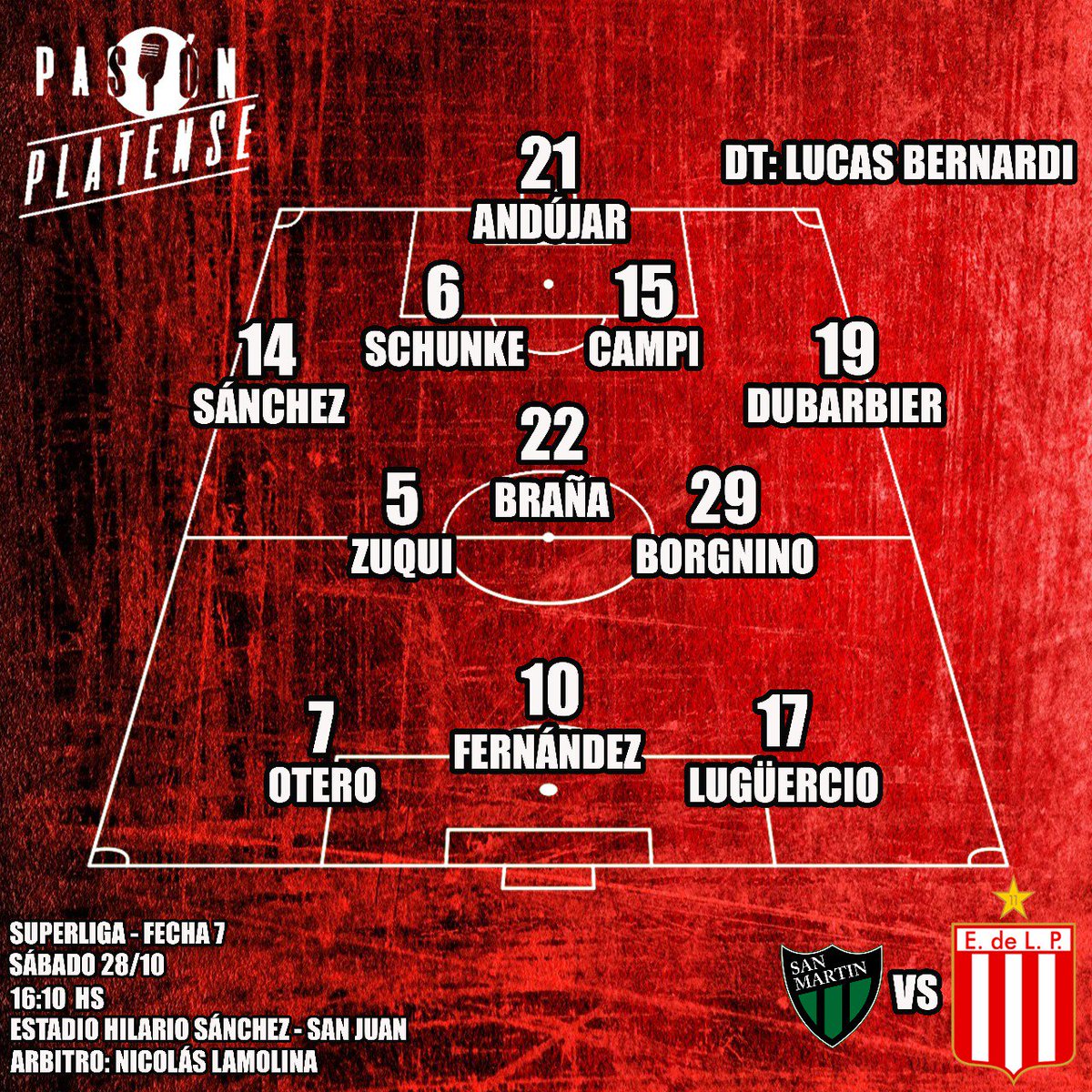 Pasion_Pl's tweet photo. #EDLP || Estos son los 11 que pondrá en cancha Bernardi para enfrentar a #SanMartin de San Juan https://t.co/zd3nvyyFTe