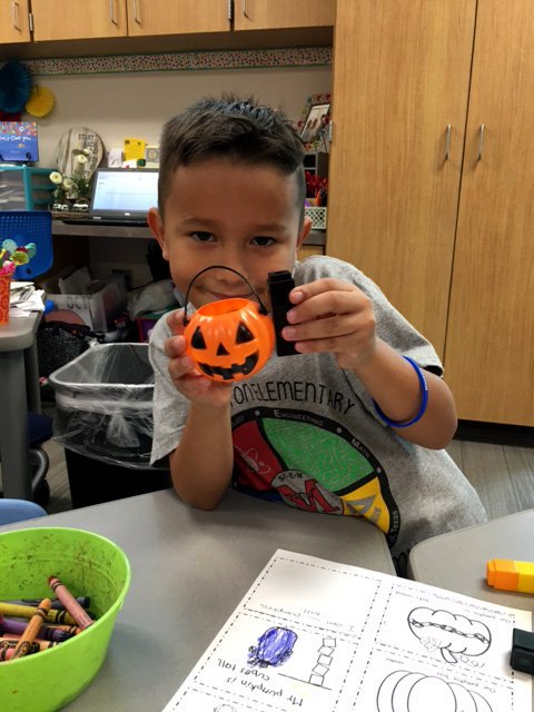 MarshallISD's tweet photo. Jaydenn Beltran, kindergarten student at Sam Houston Elementary, lining up to measure during Pumpkin Measurement exercises. https://t.co/wo1qSNHB5q