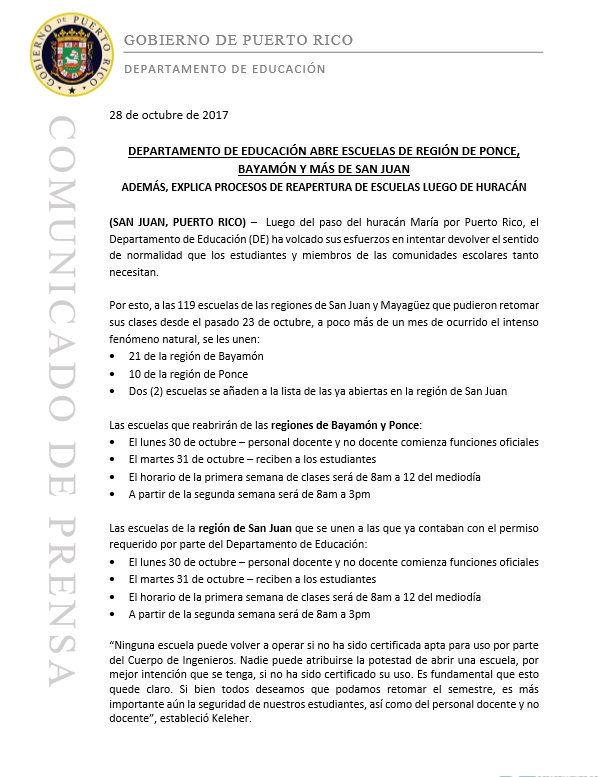 EDUCACIONPR's tweet photo. [Comunicado de prensa] Tras paso de María, abren escuelas en regiones de Ponce, Bayamón y más en San Juan. https://t.co/bh3hIIqLKi