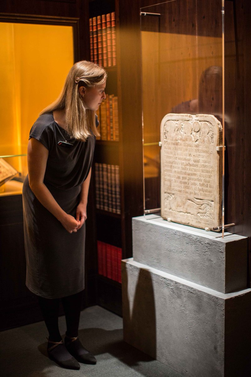 On loan from <a href="/museecluny/">Musée de Cluny</a>, Nicolas Flamel's tombstone was reputedly found being used as a cutting board in a Parisian grocery! #BLHarryPotter