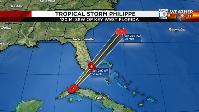 TROPICAL STORM PHILIPPE: 5pm cone brings center through South Florida. Brings intense rain, winds to 50 mph possible https://t.co/YIdZ05ixLH