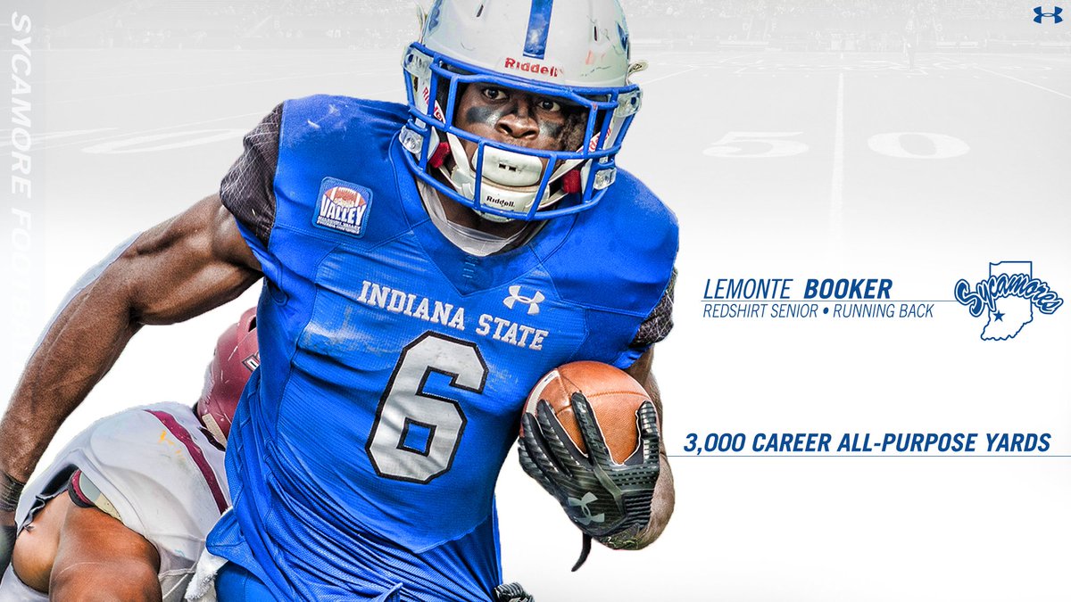 IndStFB's tweet photo. With 60 yards rushing, LeMonte Booker has now crossed the 3,000 career all-purpose yard mark. Now 7th in school history. #MarchOn https://t.co/QRrwJ58G2q