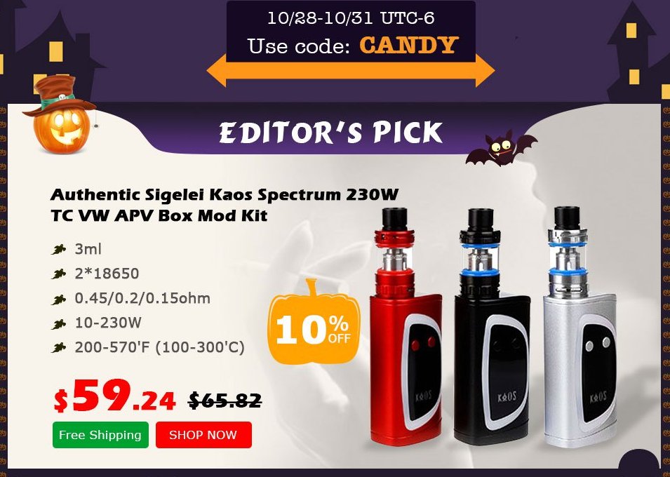 10% off Authentic #Sigelei Kaos Spectrum 230W TC VW APV Box Mod Kit #CouponCode CANDY Buy shrsl.com/lrizexp 10/31 #Vape #BoxMod #Kaos