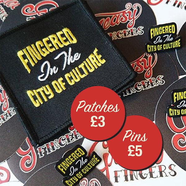 Check out our #GreasyFingers #FingeredInTheCityOfCulture #Patches &amp; #Pins in stock £3/£5 #Badges #Hull #BarberShop #Barbers #BarberShopHull