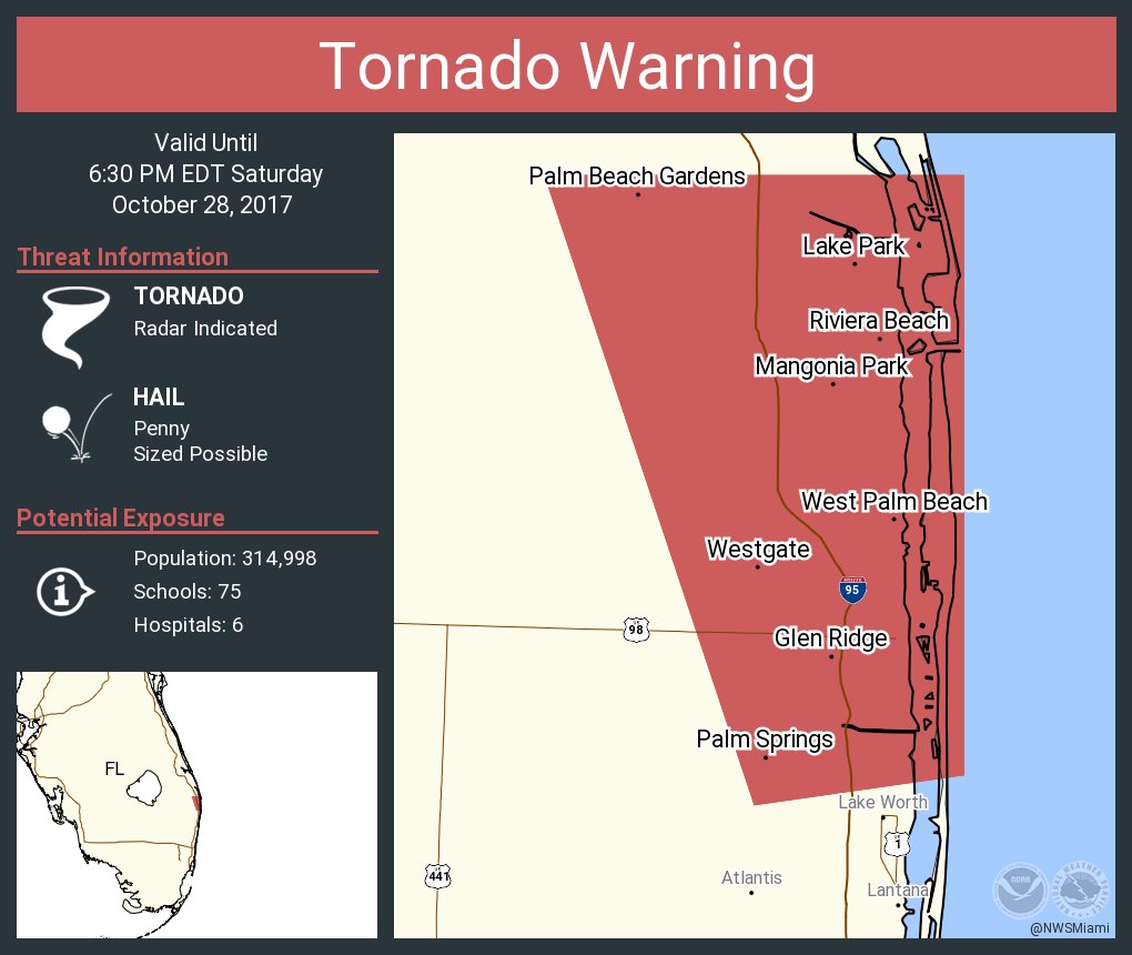 NWSMiami's tweet photo. Tornado Warning including West Palm Beach FL, Palm Beach Gardens FL, Riviera Beach FL until 6:30 PM EDT https://t.co/fDXMiI4bQo