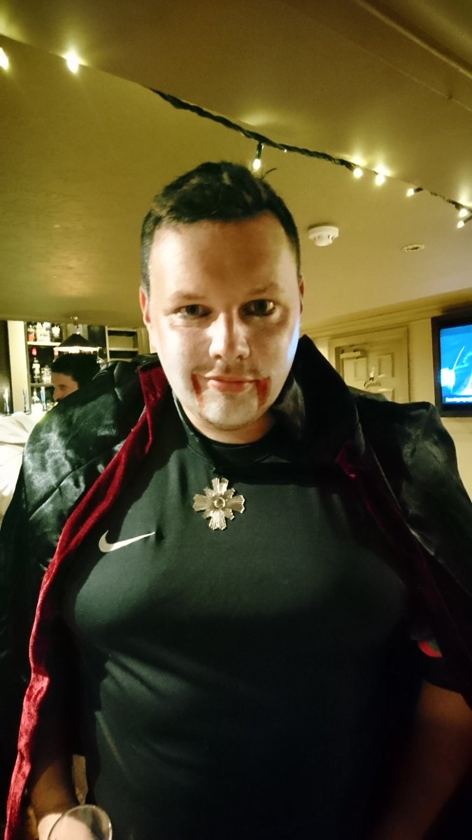 INT_NJ21's tweet photo. Got my costume today from my uncle who is from Transylvania, one of my many nationalities. Oh I'm also scared of crosses @OfficialHFBFC https://t.co/13tePQnF8f