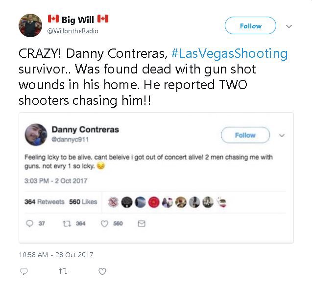 MichaelCoudrey's tweet photo. BREAKING: Danny Contreras, another eyewitness present at the concert who identified multiple shooters has been found dead.

THIS IS INSANE. https://t.co/VT8PYM4GXs