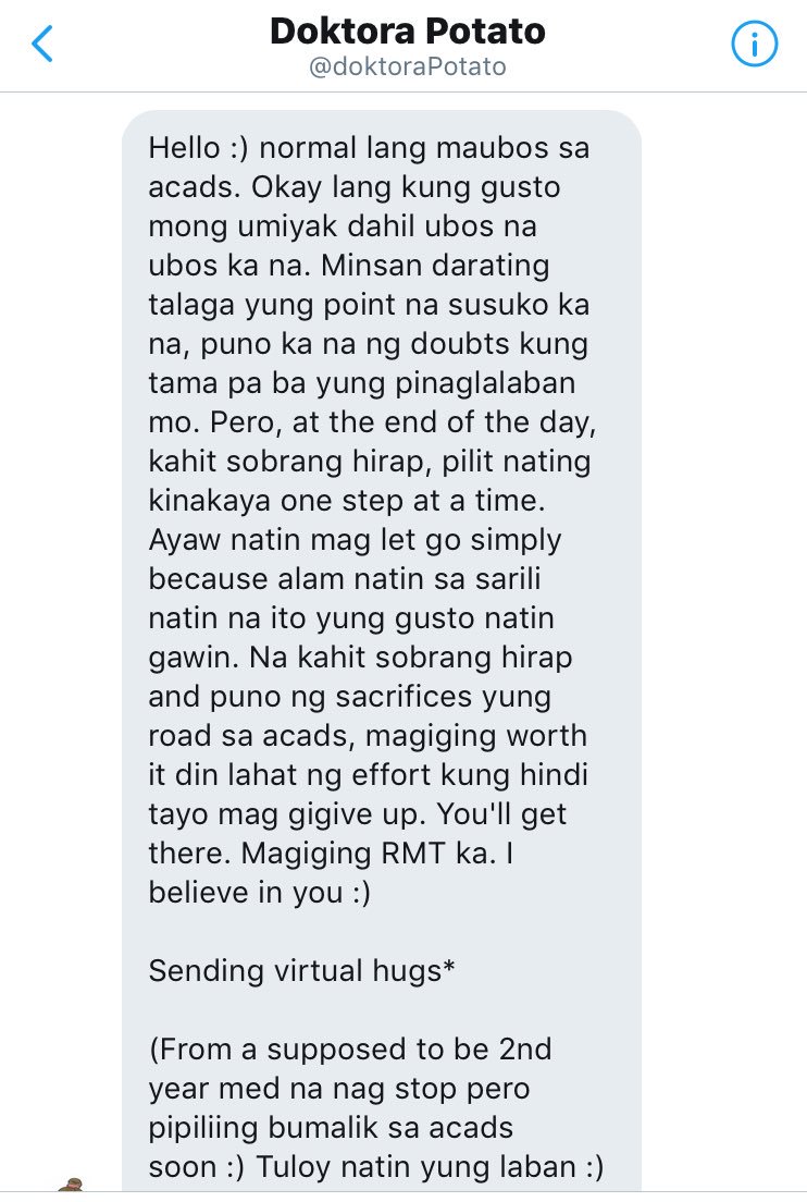 MedtechMustKnow's tweet image. “Naniniwala akong magiging RMT ka. Kaya huwag mag gigive up.” ☺️ #LabanMedtech 

Thank you @doktoraPotato sa mga payo ❤️