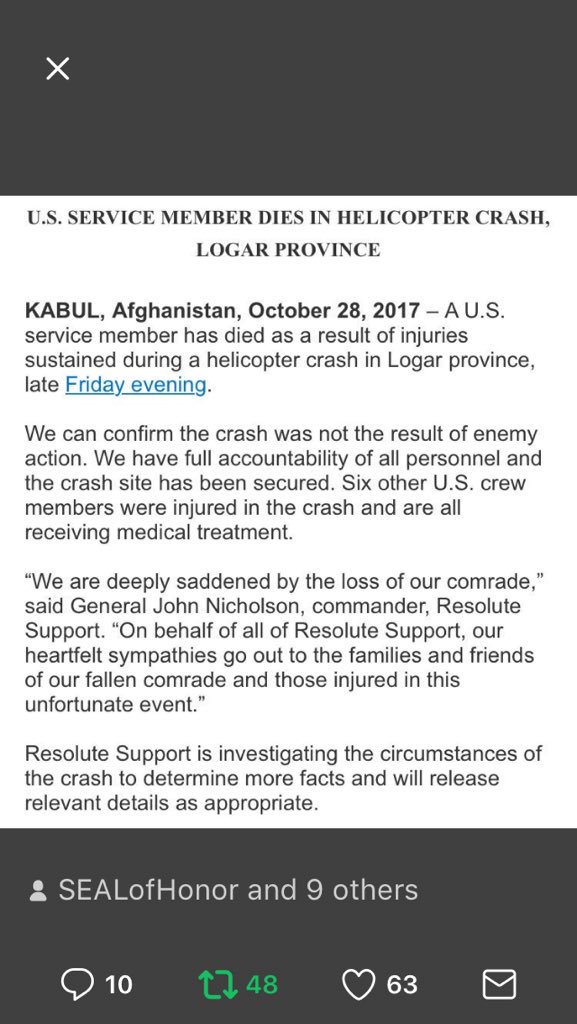 @solomongrundy6 @MrsPerrin @TrumpFilmQuotes @peabodypress @red_thor1911 @Mr_JamesLandis @MimmyHayes @nannetteinez @CrumpTrump @DeniseDedrick IMMEDIATE RELEASE 
#HeloCrash in #Afghanistan One Dead & Six Injured 🇺🇸 

Our Thoughts & #Prayers Go Out To Them & Families 🙏 🇺🇸