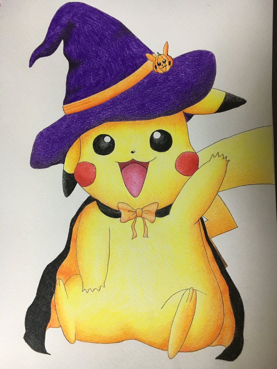 やさい アニメ好き 色鉛筆画 ポケモンイラスト ハロウィン ハロウィンが近いのでハロウィンバージョンのピカチュウを描きました