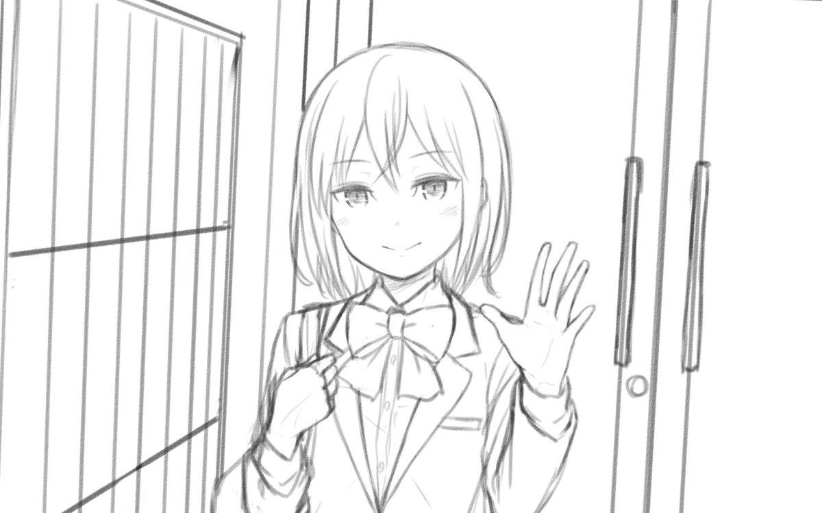 朝登校したらクラスの女の子に声を掛けられたい感じの絵のラフ 