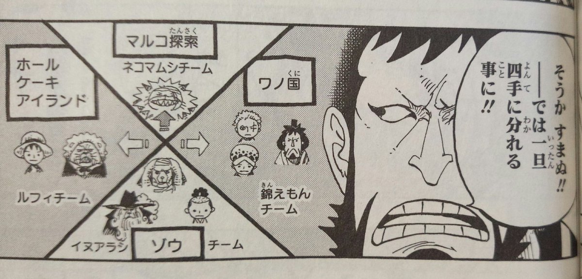 ハンセイ シフト L この件ですが やはりサンジ奪還組以外の麦わらの一味は全員一足早くワノ国に向かったみたいですね ゾウ待機組はモモの助とイヌアラシ達 マルコ探索はネコマムシ達が担当し 麦わらの一味は誰も加わっていないようです