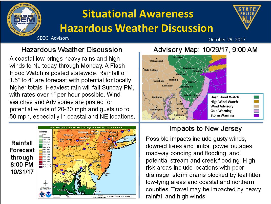 Gusty winds, heavy rain &amp; potential flooding coming our way. Use caution driving 🚗 #ReadyNJ #SundayMorning #TurnAroundDontDrown #DriveSafe
