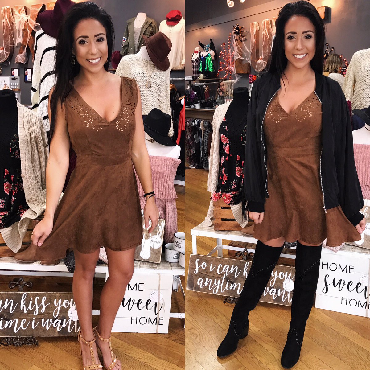 Luxe_Chatt's tweet photo. •left- dress this pretty suede number UP •right- and now ladies let's dress it down for a more casual look!💰✨💜 #shopluxeboutiques https://t.co/6eQg2h6b62