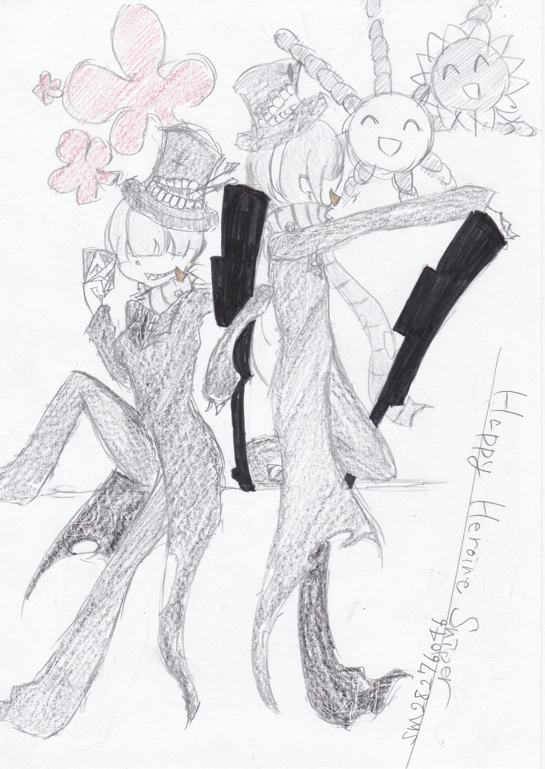吉田 黒助丸 鉛筆描きの方がしっくりきたから そのまま色塗ってみた じょるじん 暗黒童話p のアカシックルーレットとハッピーヒロインスナイパー アカシックルーレットはそのままボカロで ハッピーヒロインスナイパーは我が家の子たちで もっとうまく