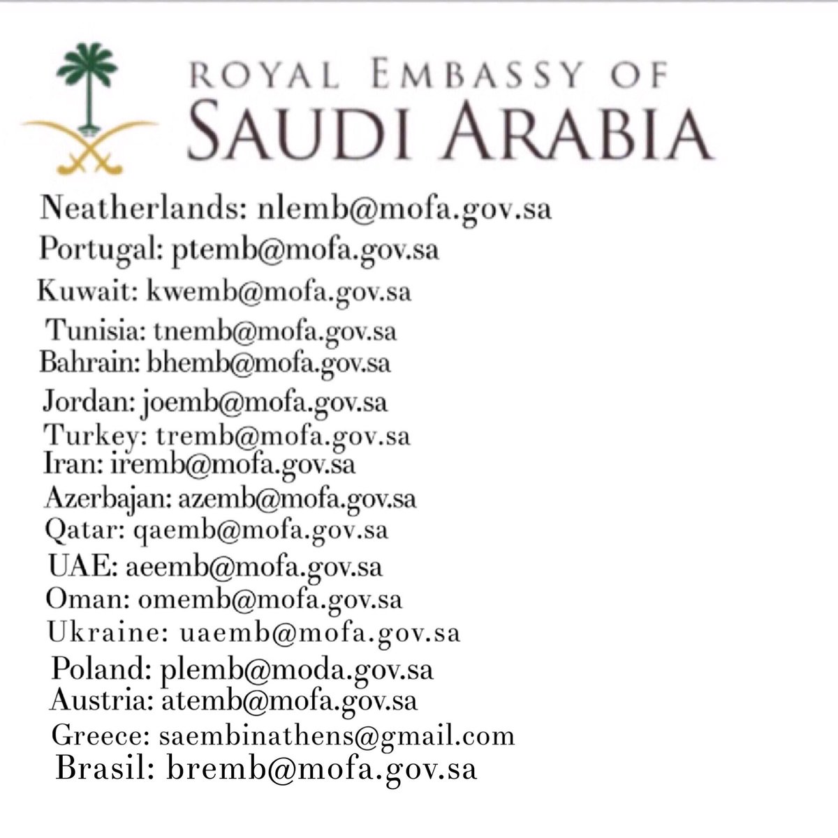 WCFSW's tweet photo. #saveamna World citizens: email all these Saudi embassies in the world and tell them the following to save Amna Aljuaid: https://t.co/HqeOfpZK61