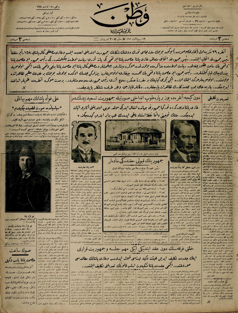 Direttore_1's tweet photo. 30.10.1923 tarihli Vatan Gazetesi'nden-üstteki kısımdan
"Bugün Büyük Millet Meclisi Türk Devleti'nin şeklinin cumhuriyet olduğunu ilan etmiş https://t.co/qiePhHIYj4