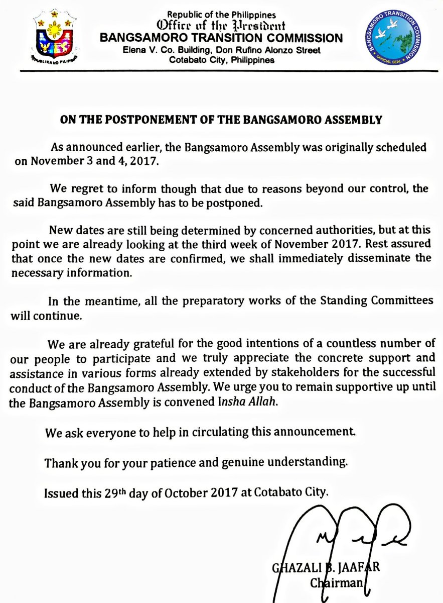 MILFbangsamoro's tweet photo. Official statement from the Office of the BTC chairman Ghazali Jaafar on the Postponement of the Bangsamoro Assembly. #Bangsamoro https://t.co/cIS7xlE6Ps