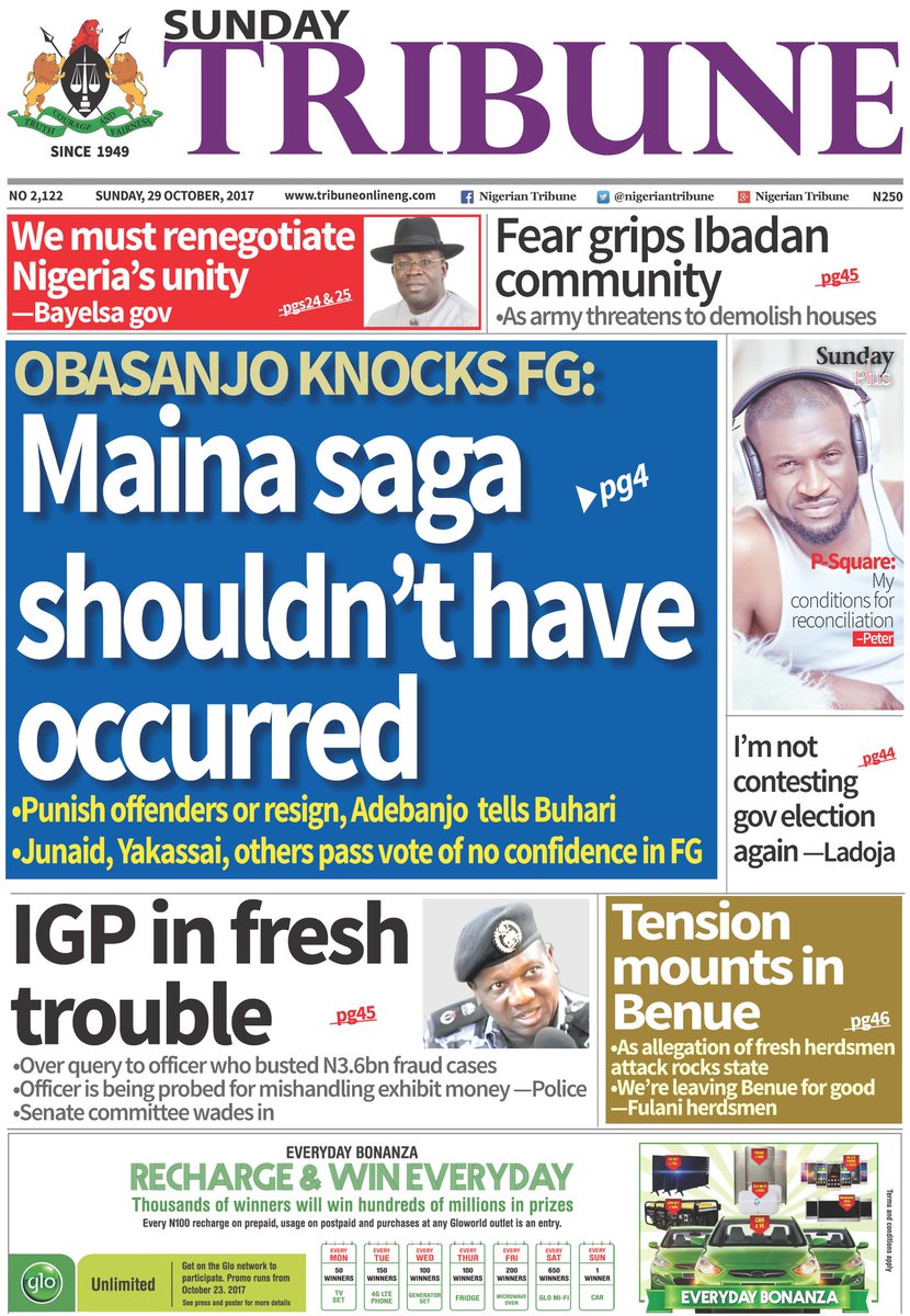 OladeindeSina's tweet photo. Sunday Tribune cover. Available at https://t.co/704VZ7051v https://t.co/uZcrY96n2X