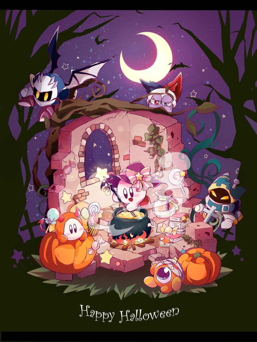 kirby ,meta knight halloween candy food crescent moon pumpkin moon wings  illustration images