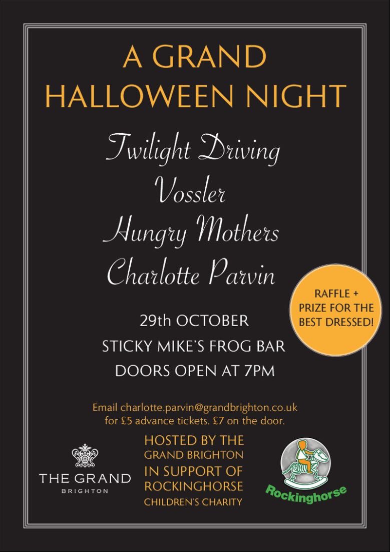 GrandBrighton's tweet photo. Join us tonight @StickyMikes for fantastic #live music all in support of @Rockinghorse67 #brighton #charity #halloween https://t.co/OnKWZwwk2K
